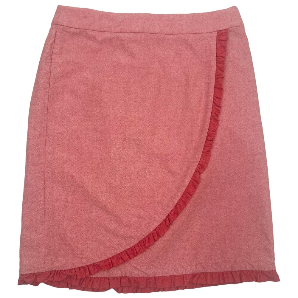 J. Crew Soft Red Oxford Nantucket Pencil Faux Wrap Skirt Ruffle Trim Size 4
